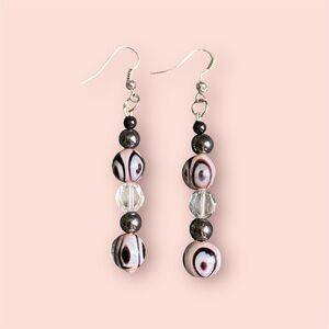 Handmade Pink Multicolored Patterned Beaded Dangle Drop Earrings